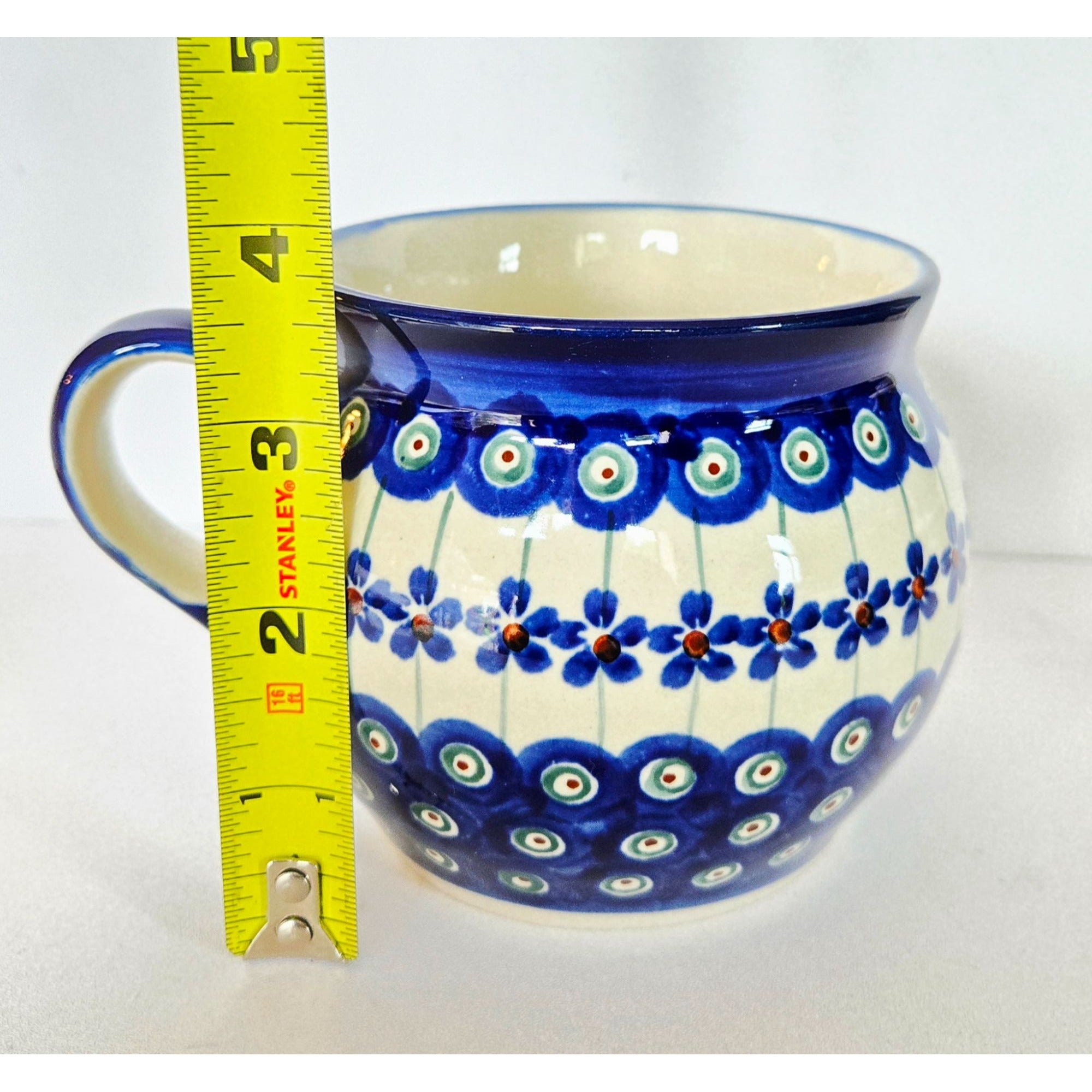 Handmade XL Polish Pottery Mug With Blue Floral & Peacock Eye Pattern 16 Oz.