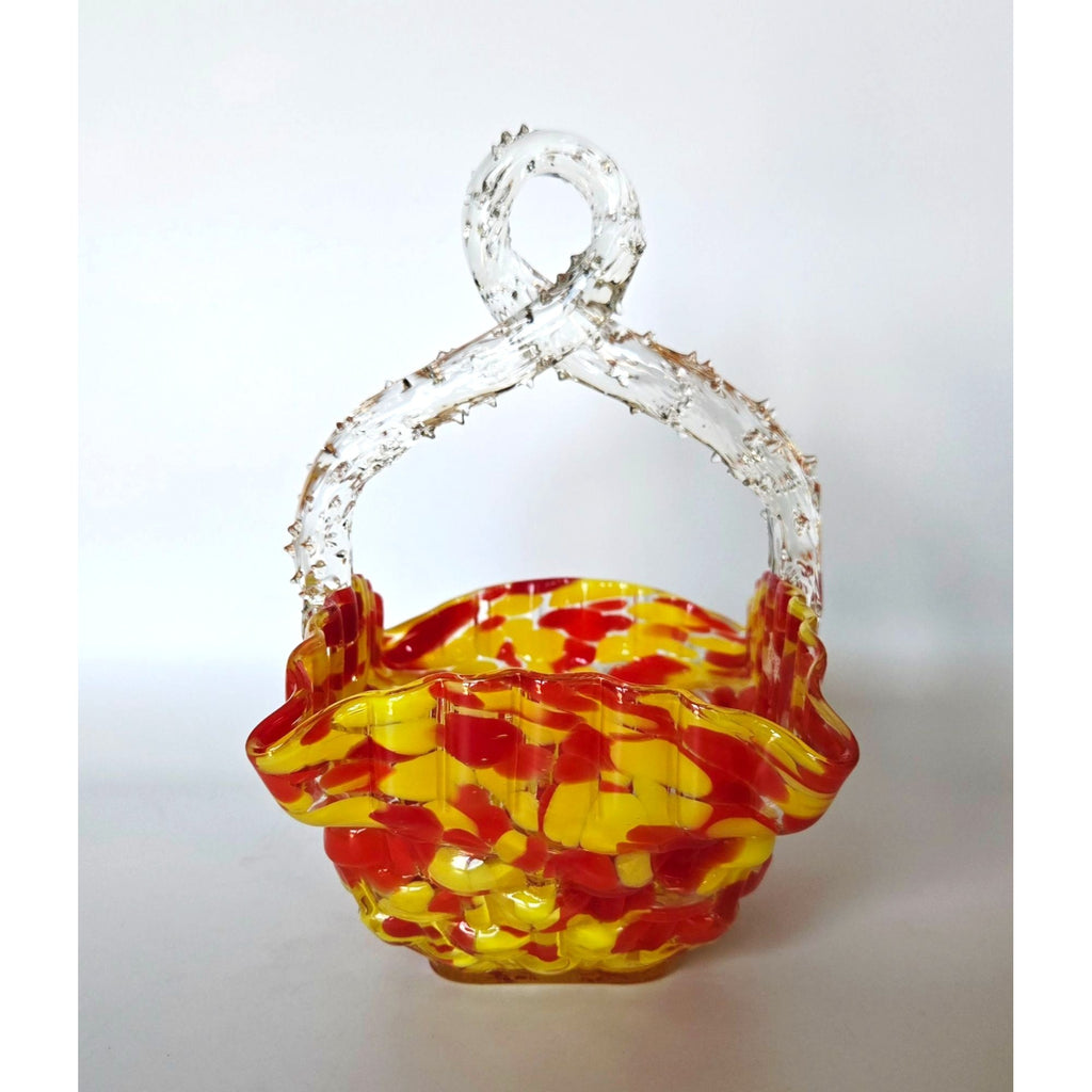 Franz Welz Victorian Czech Basket Red & Yellow Splatter Speckled Design Decorative Thorn Handle