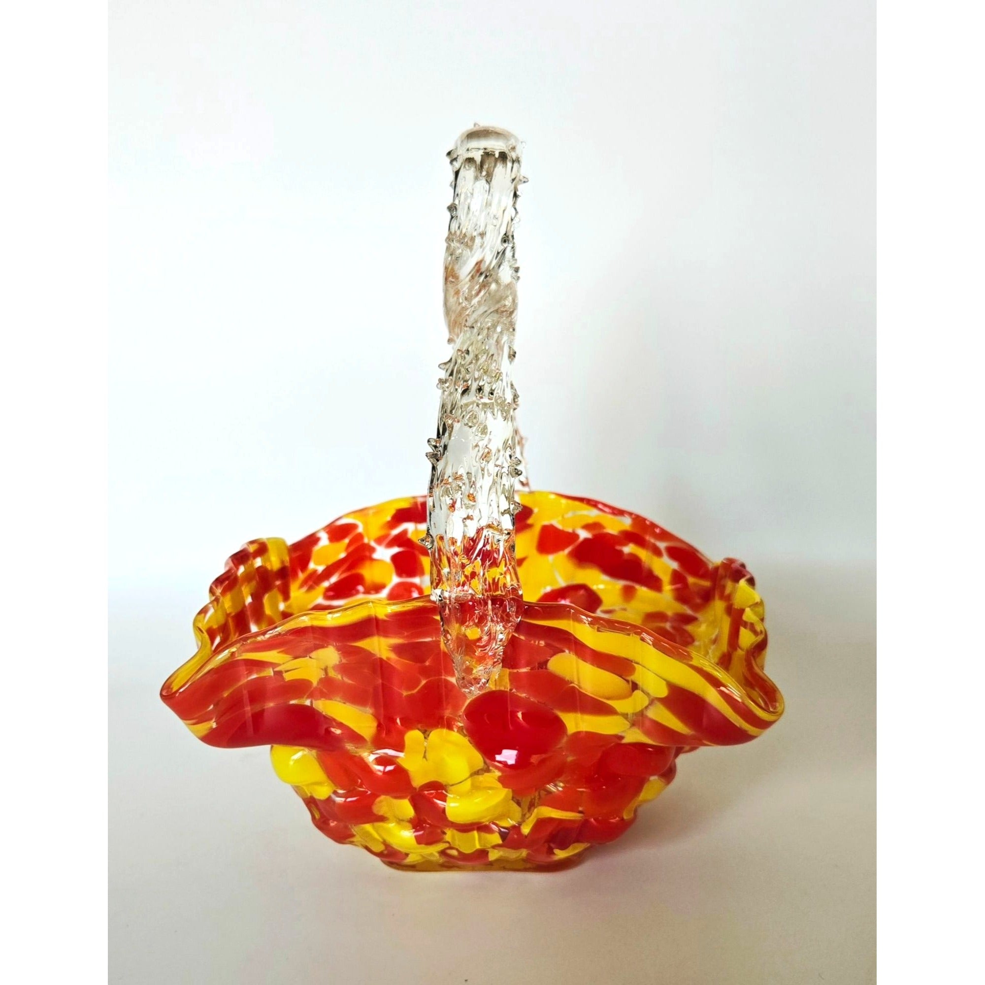 Franz Welz Victorian Czech Basket Red & Yellow Splatter Speckled Design Decorative Thorn Handle