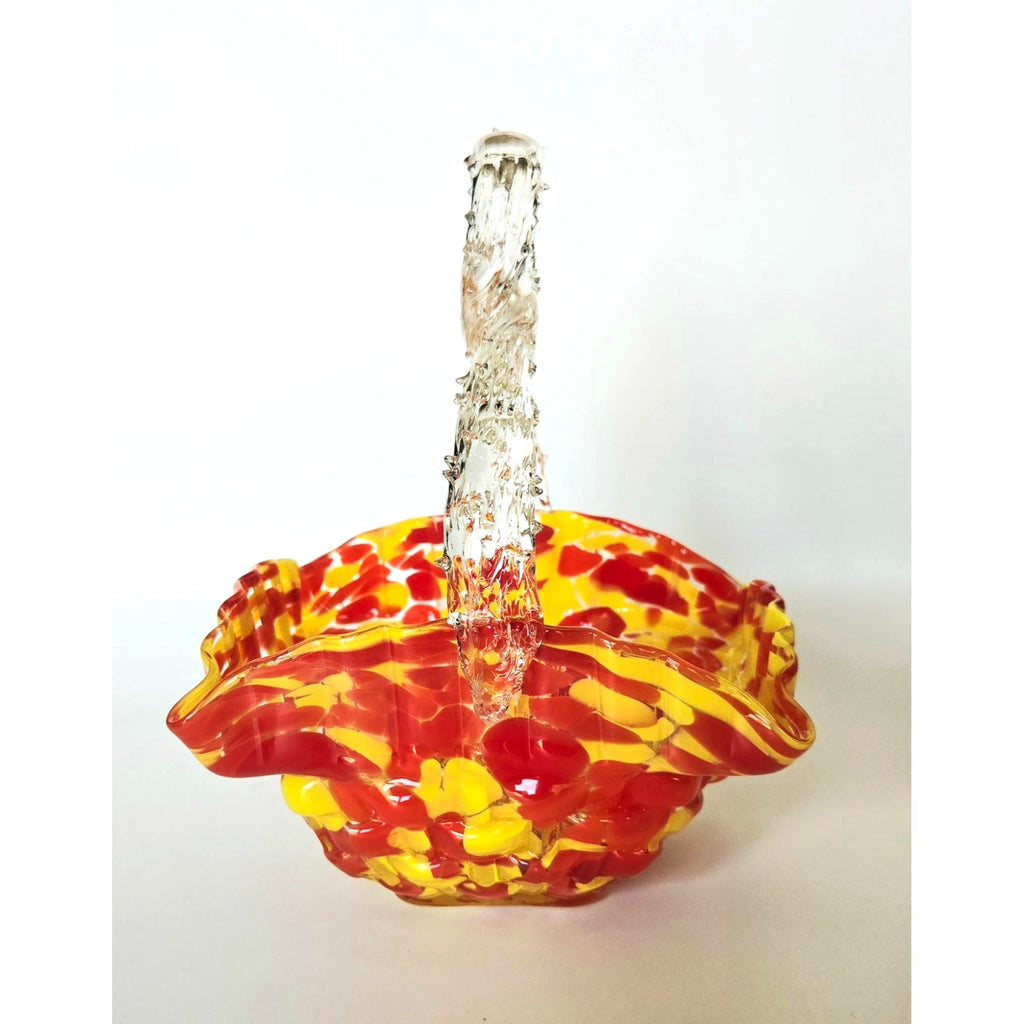 Franz Welz Victorian Czech Basket Red & Yellow Splatter Speckled Design Decorative Thorn Handle