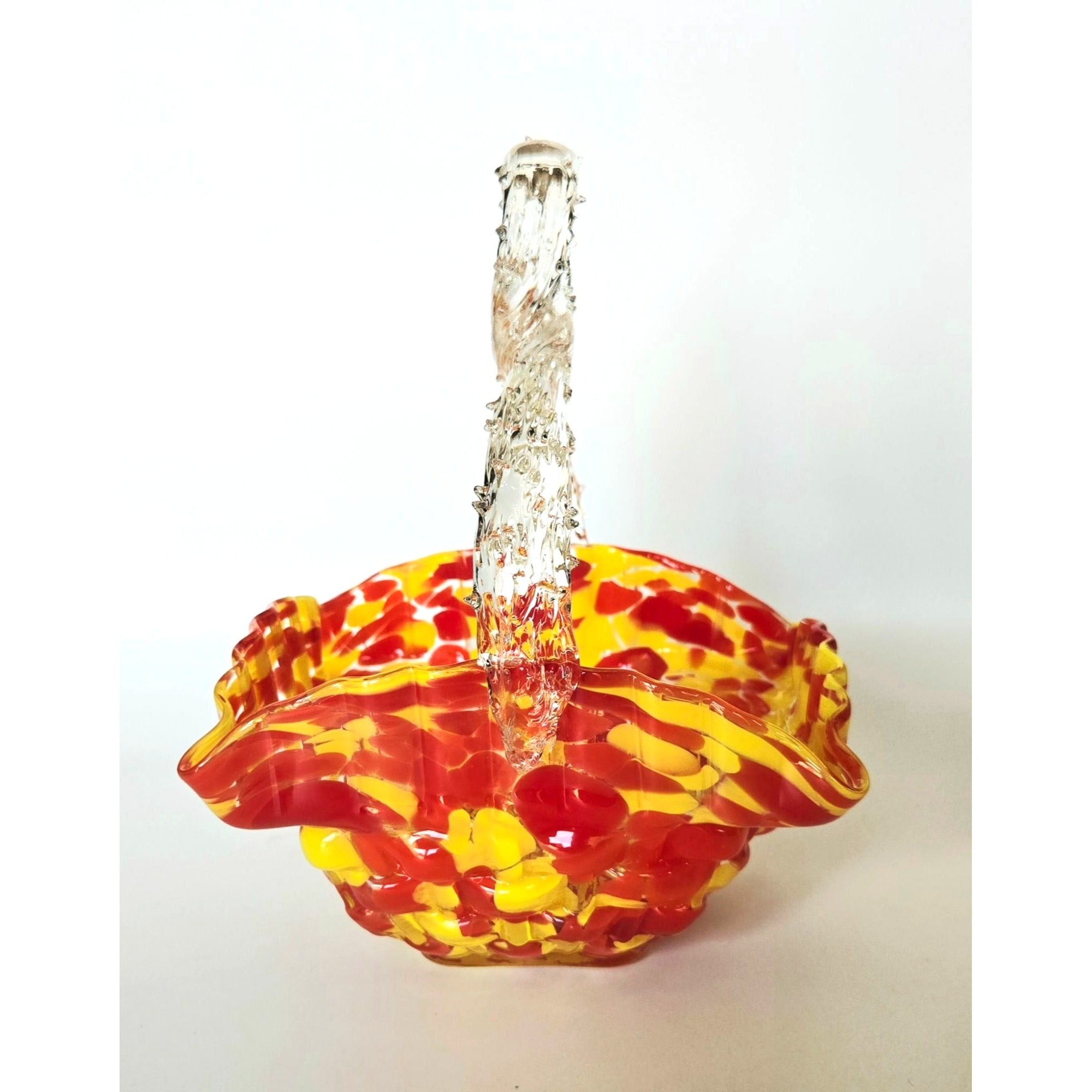 Franz Welz Victorian Czech Basket Red & Yellow Splatter Speckled Design Decorative Thorn Handle
