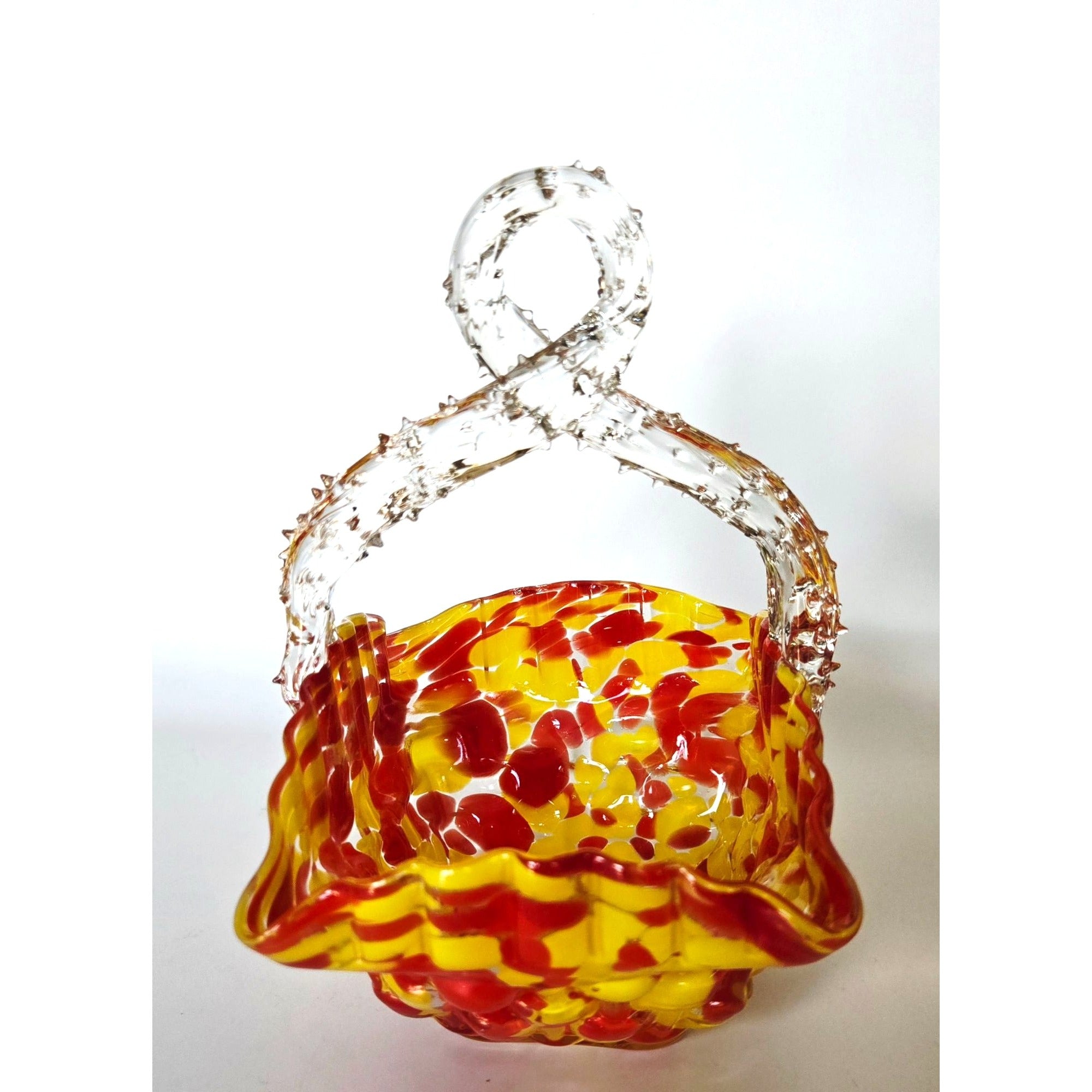 Franz Welz Victorian Czech Basket Red & Yellow Splatter Speckled Design Decorative Thorn Handle