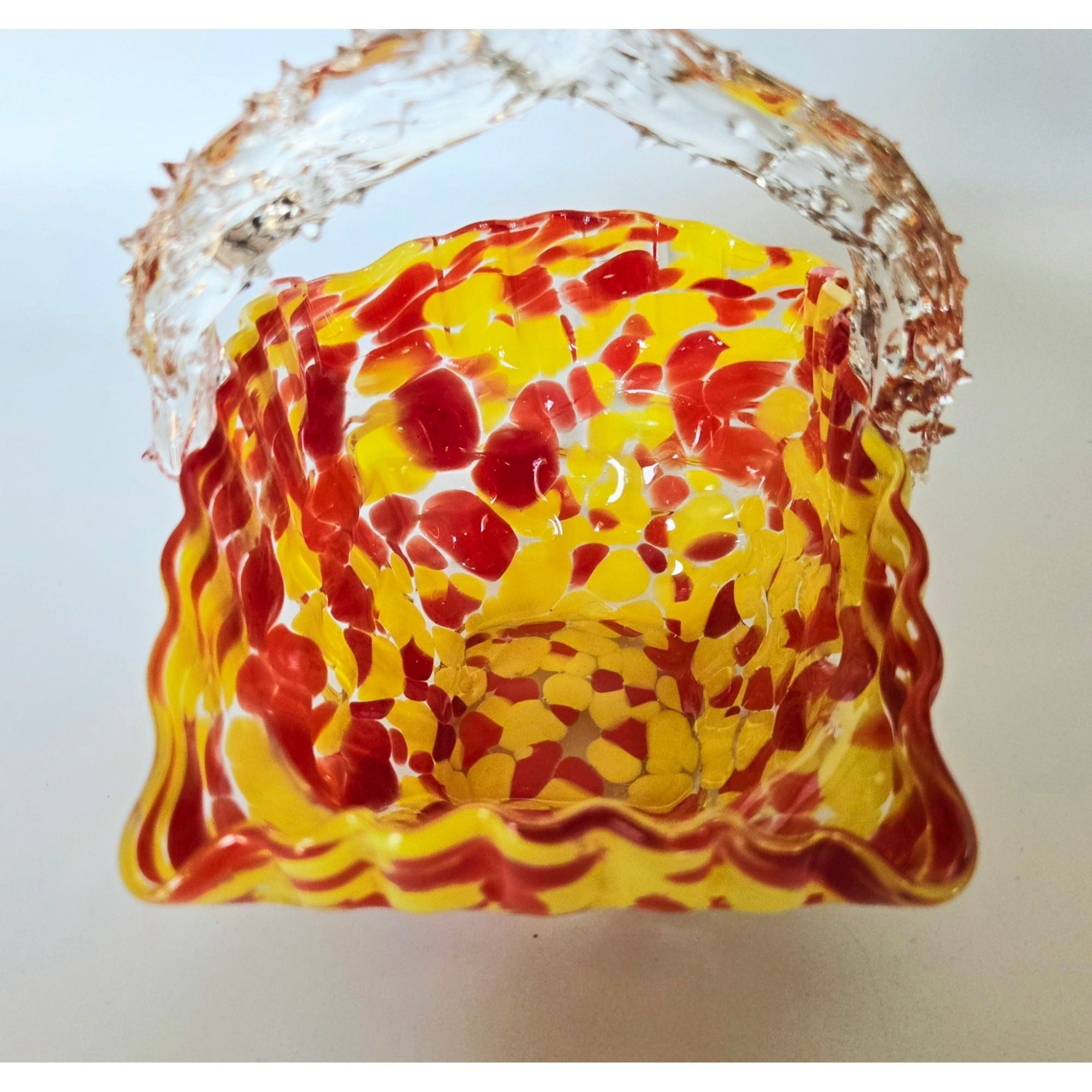 Franz Welz Victorian Czech Basket Red & Yellow Splatter Speckled Design Decorative Thorn Handle