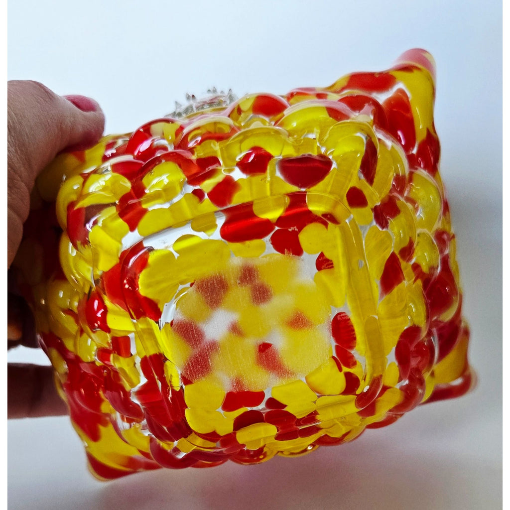Franz Welz Victorian Czech Basket Red & Yellow Splatter Speckled Design Decorative Thorn Handle