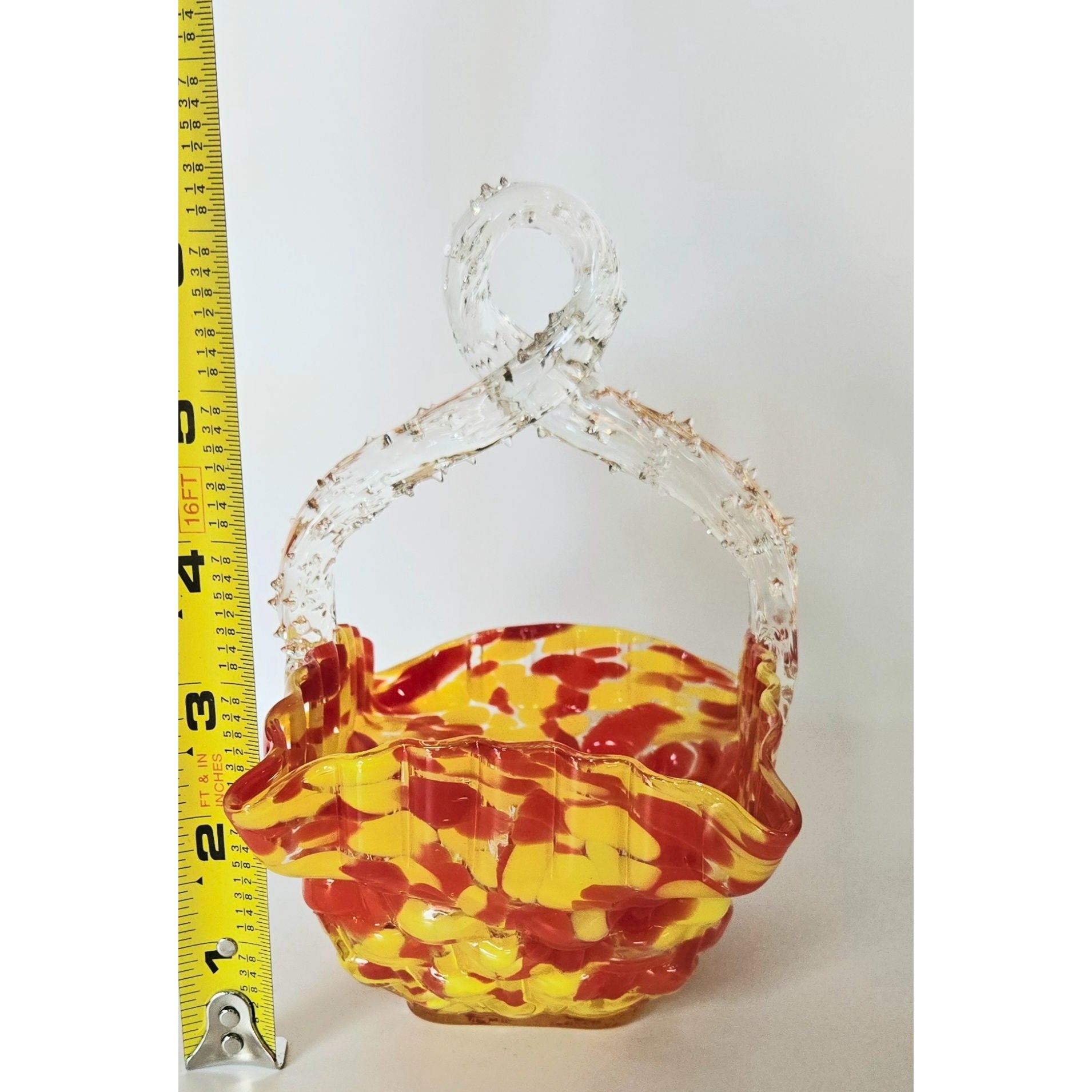 Franz Welz Victorian Czech Basket Red & Yellow Splatter Speckled Design Decorative Thorn Handle