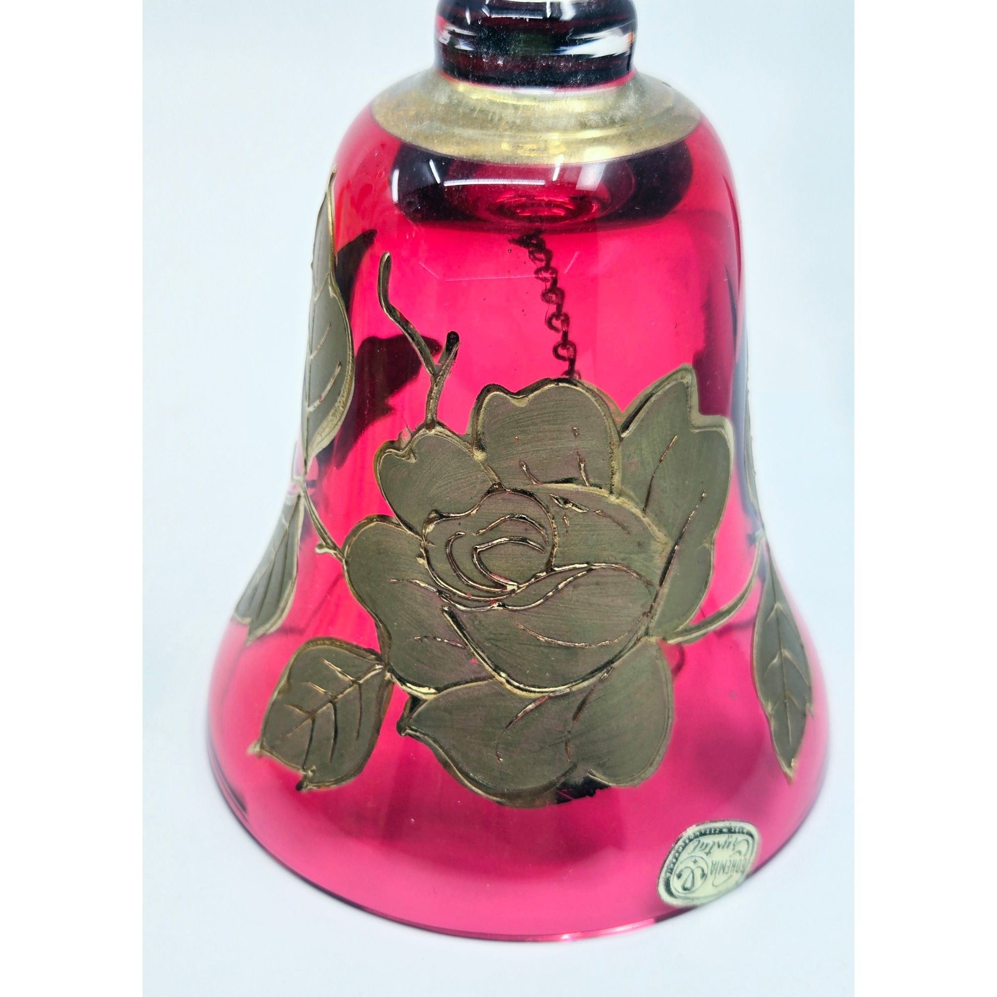 Bohemian Hand-Painted Ruby Red Glass Bell With Gold Floral Design Collectible Home Decor Accent