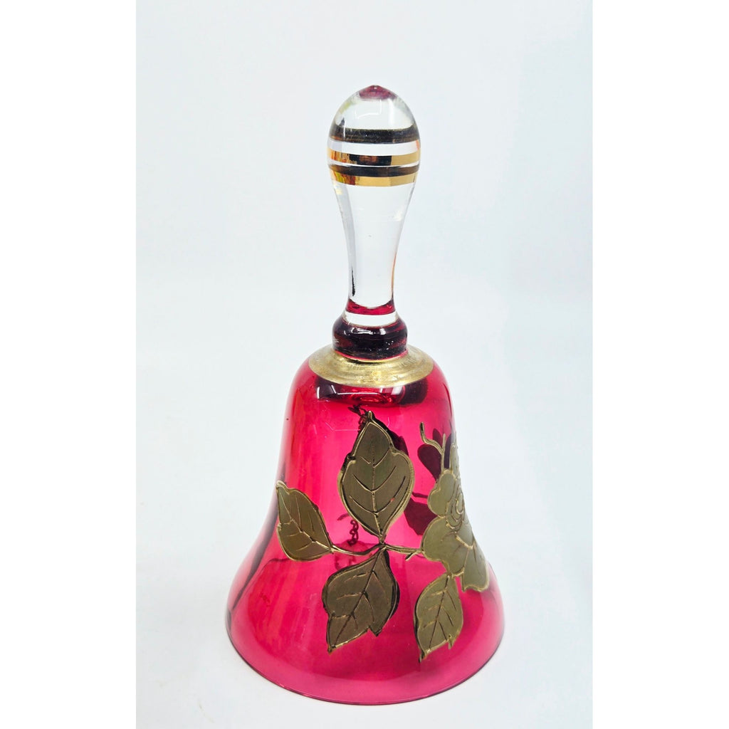 Bohemian Hand-Painted Ruby Red Glass Bell With Gold Floral Design Collectible Home Decor Accent
