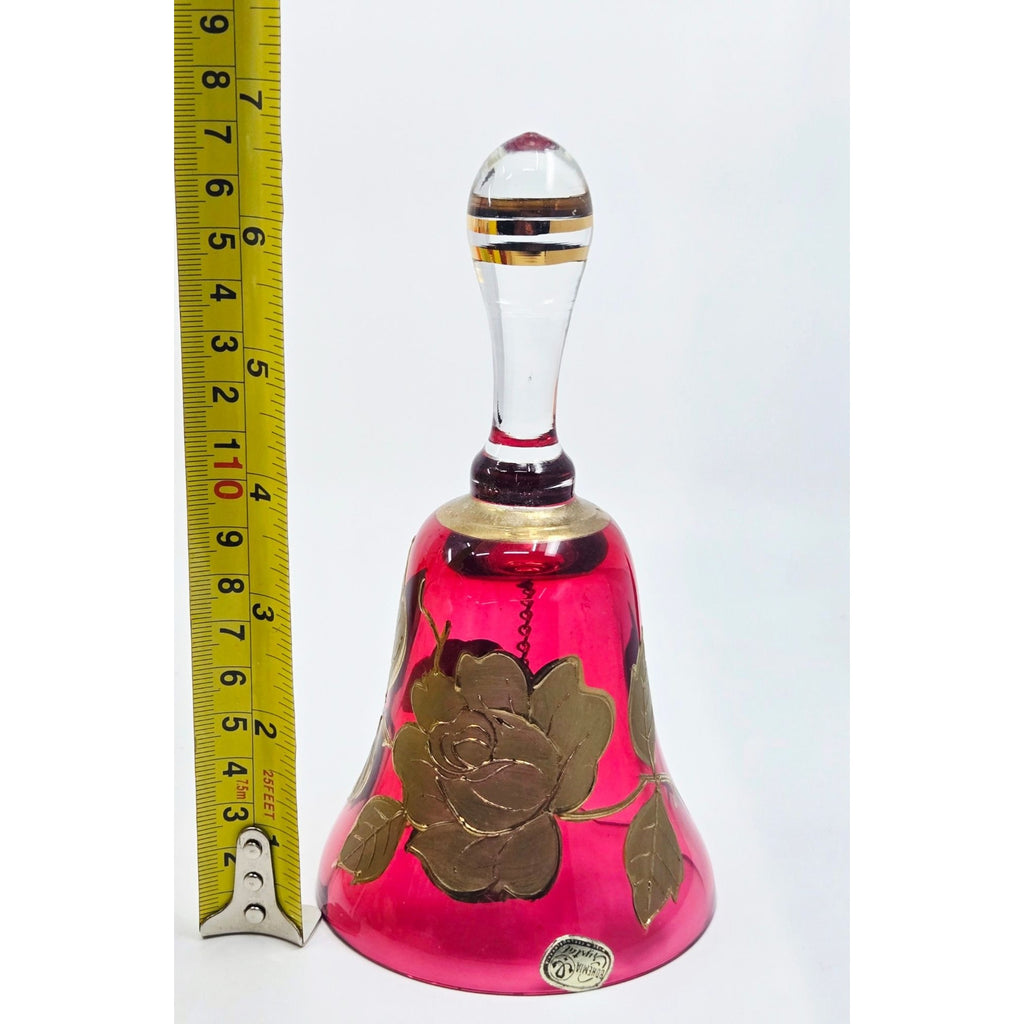 Bohemian Hand-Painted Ruby Red Glass Bell With Gold Floral Design Collectible Home Decor Accent