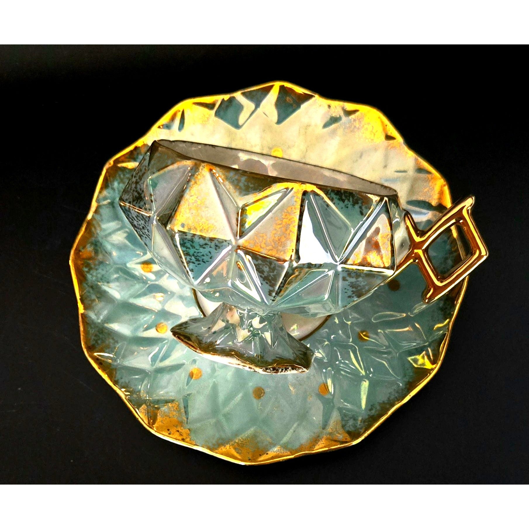 Royal Halsey Vintage Teal & Gold China Geometric Teacup, Iridescent