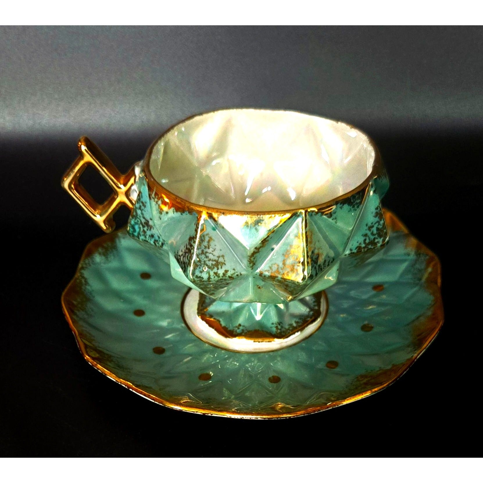 Royal Halsey Vintage Teal & Gold China Geometric Teacup, Iridescent