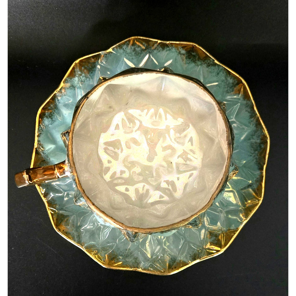 Royal Halsey Vintage Teal & Gold China Geometric Teacup, Iridescent