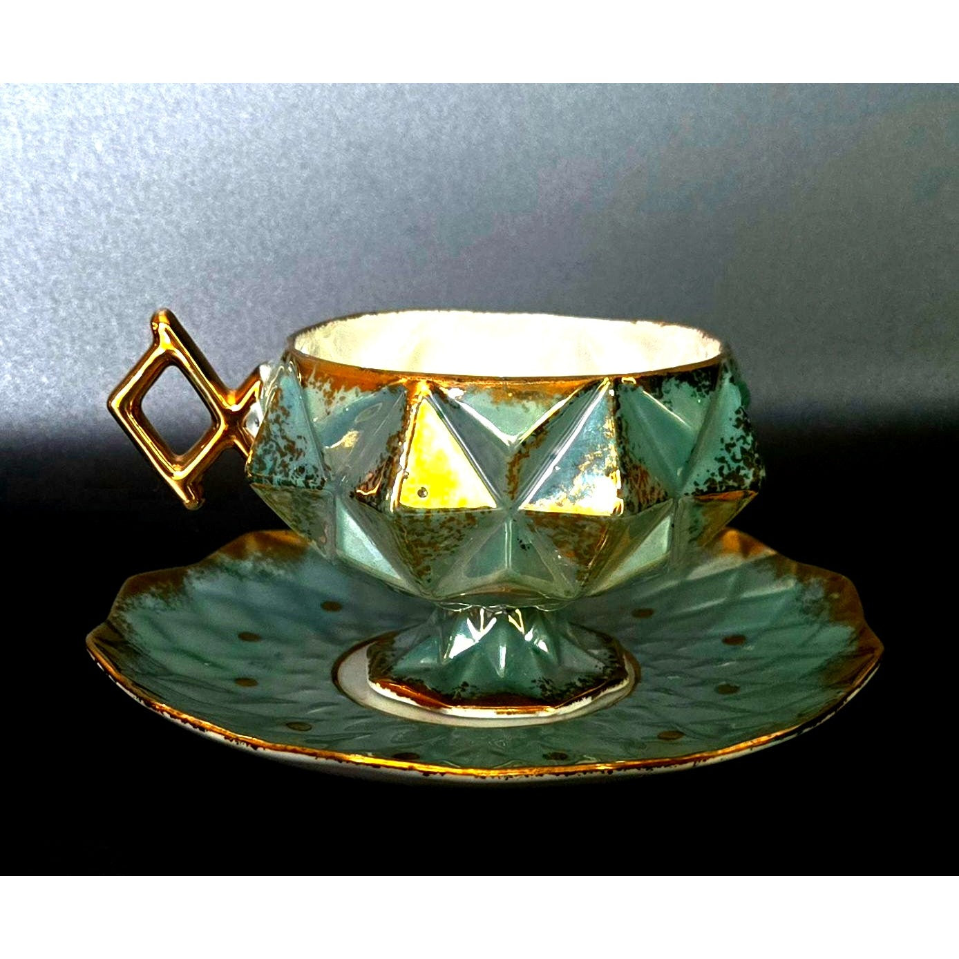 Royal Halsey Vintage Teal & Gold China Geometric Teacup, Iridescent