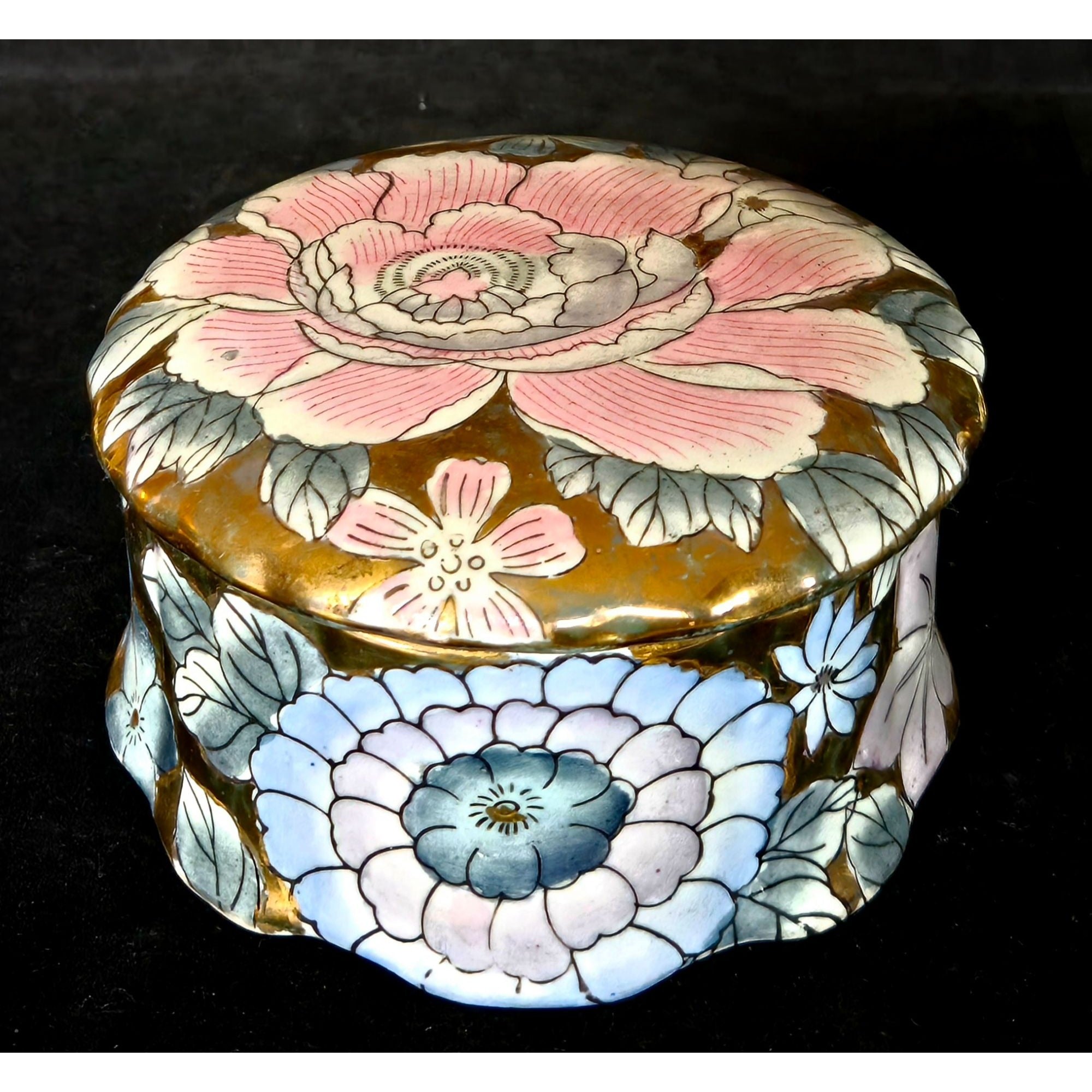 Hand-Painted Porcelain Box Pink & Blue Flowers With Gold Accents