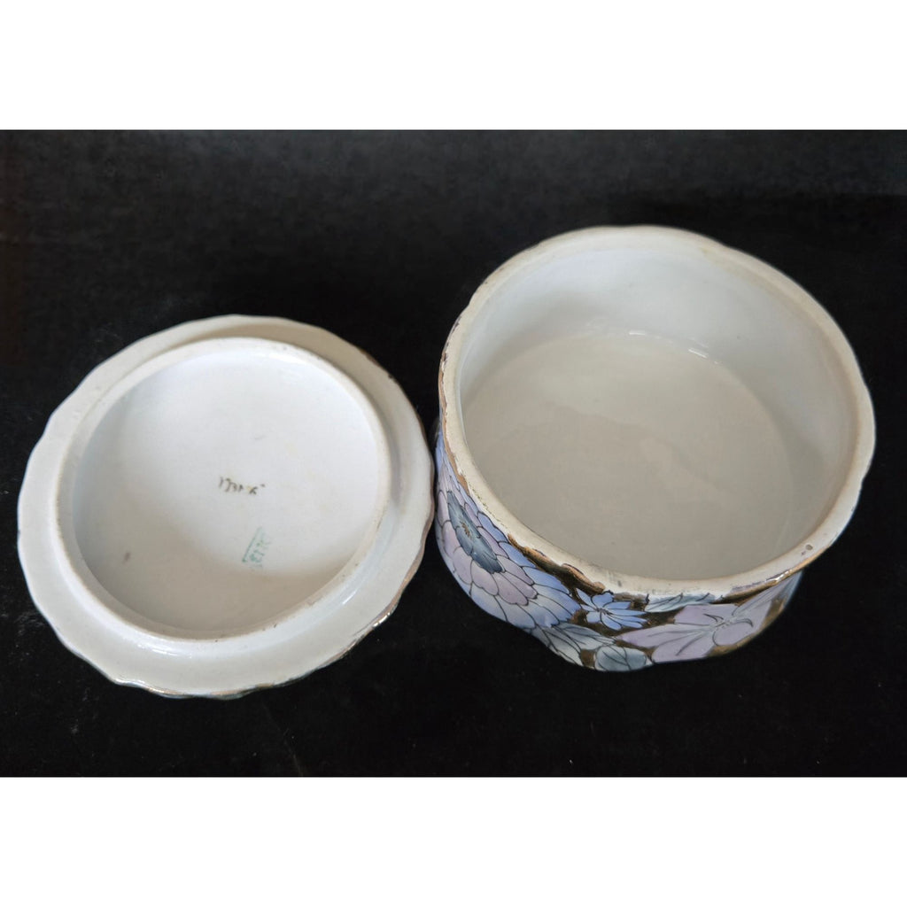 Hand-Painted Porcelain Box Pink & Blue Flowers With Gold Accents