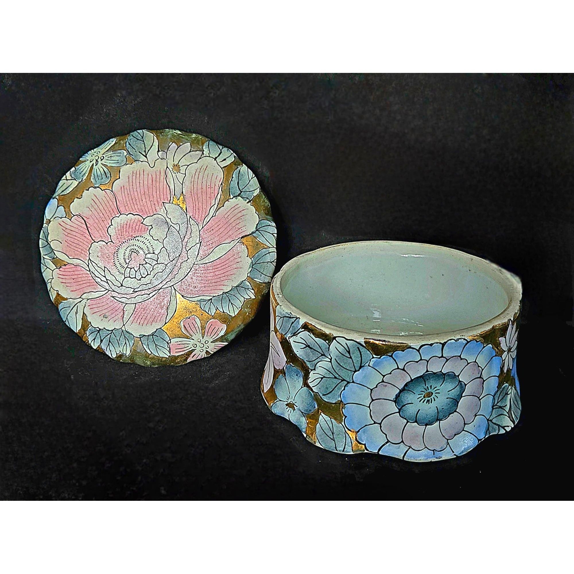 Hand-Painted Porcelain Box Pink & Blue Flowers With Gold Accents