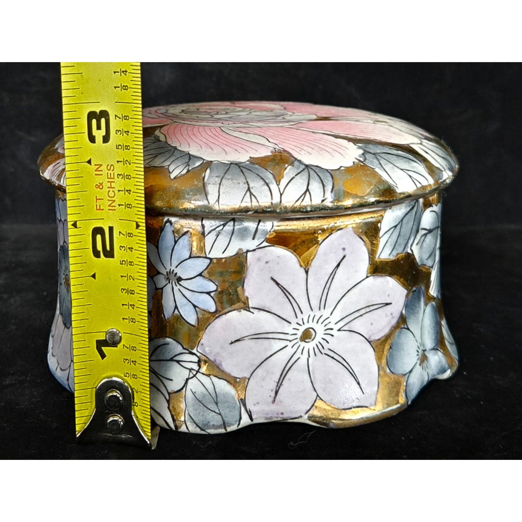 Hand-Painted Porcelain Box Pink & Blue Flowers With Gold Accents