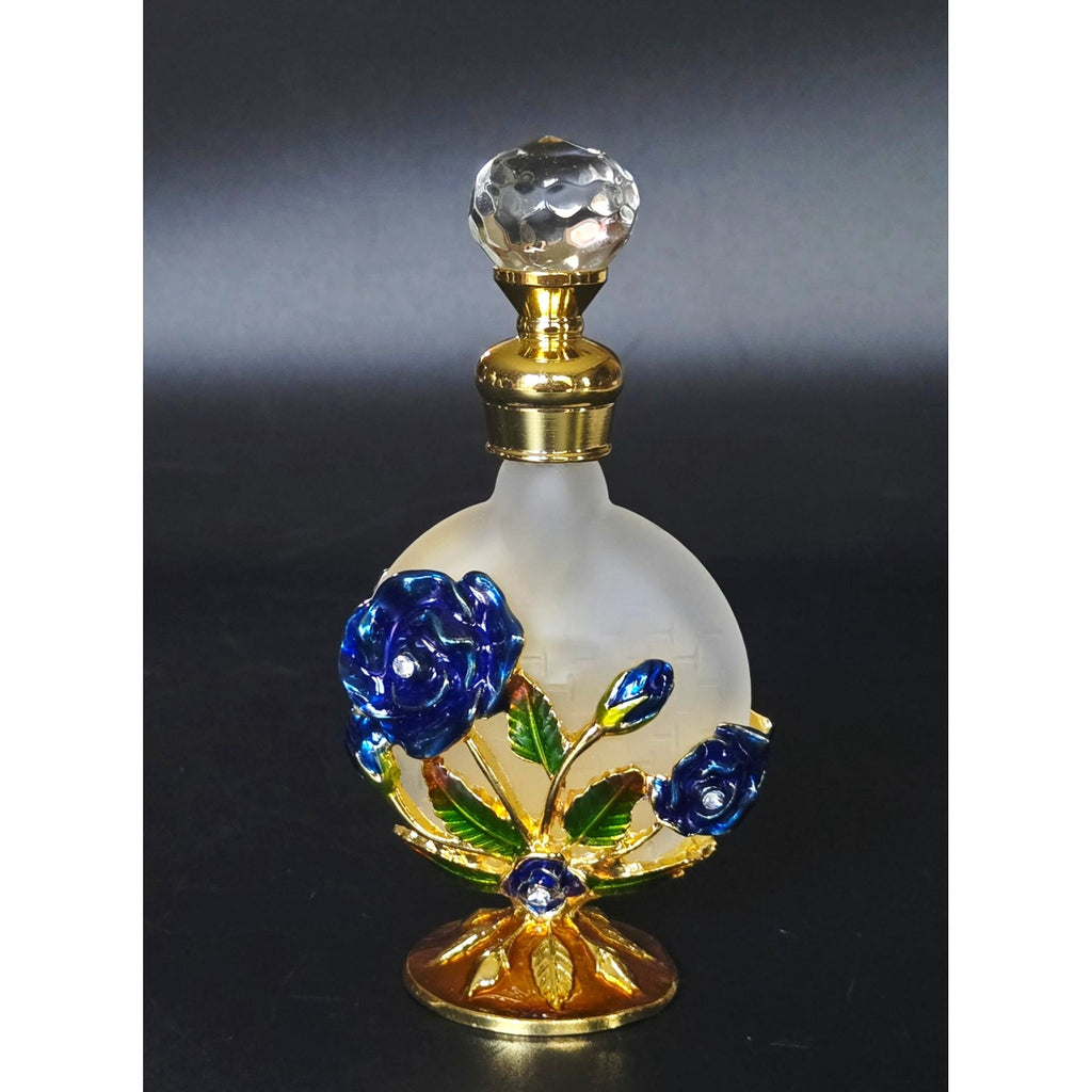 Decorative Gold & Blue Enameled Perfume Bottle With Glass Stopper