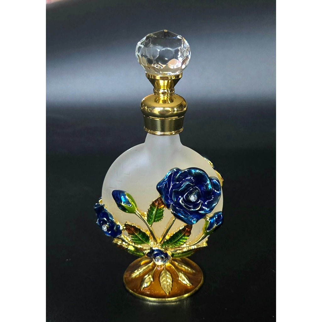 Decorative Gold & Blue Enameled Perfume Bottle With Glass Stopper