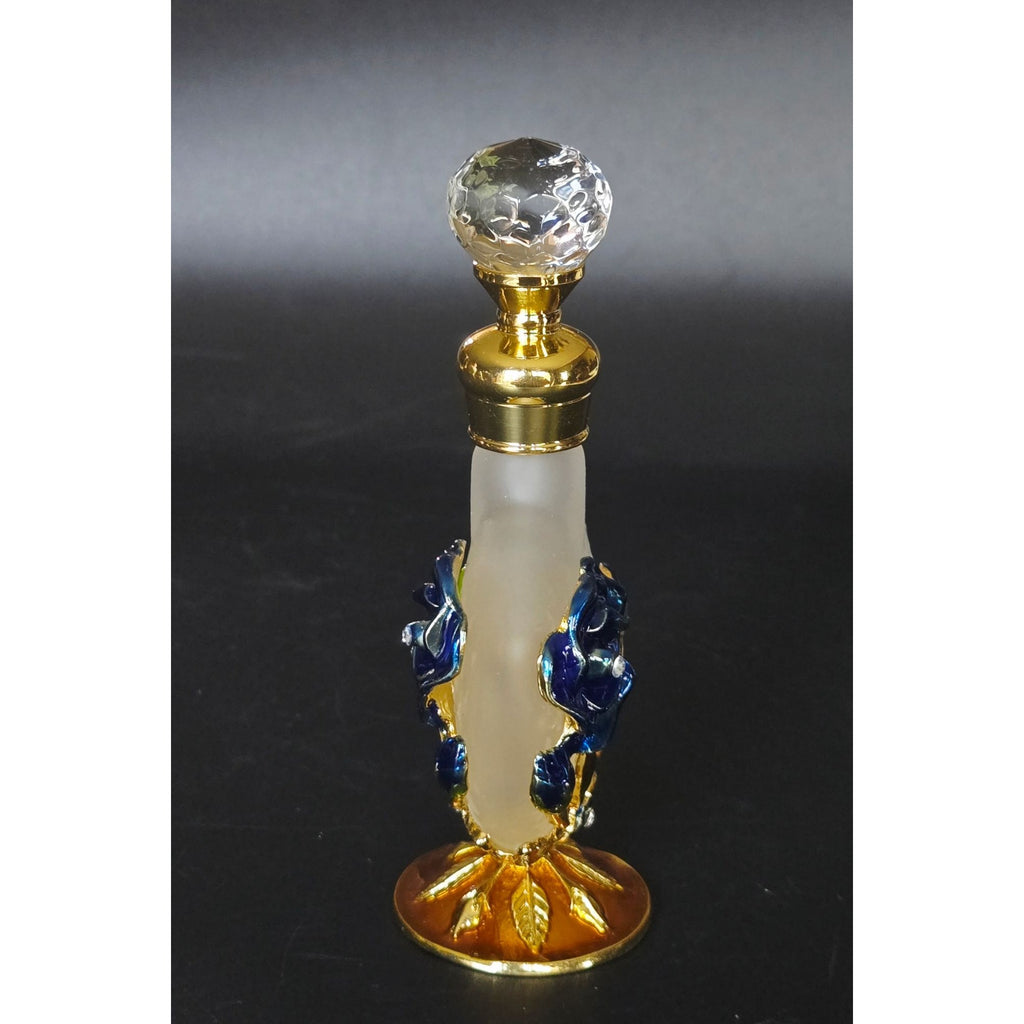 Decorative Gold & Blue Enameled Perfume Bottle With Glass Stopper