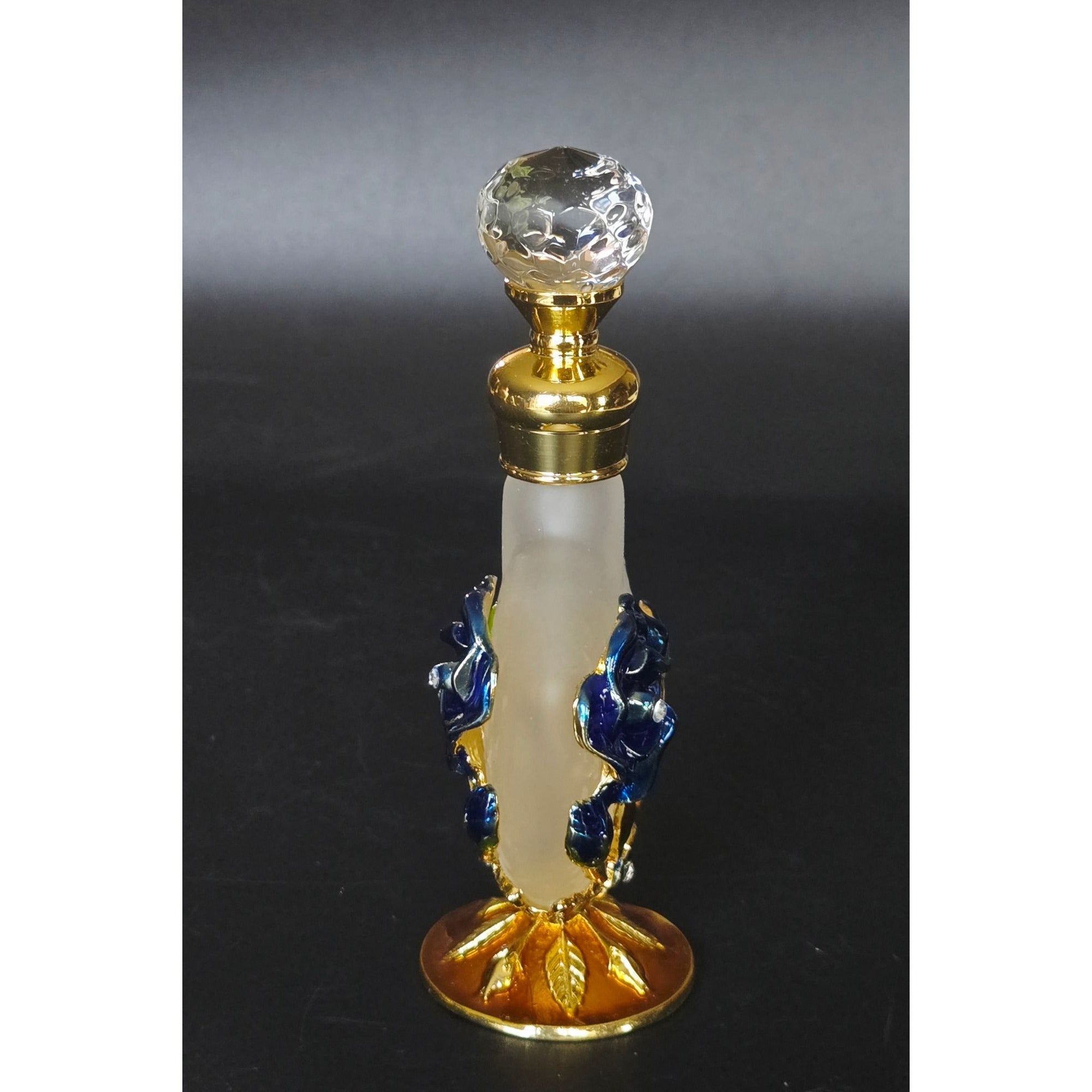 Decorative Gold & Blue Enameled Perfume Bottle With Glass Stopper