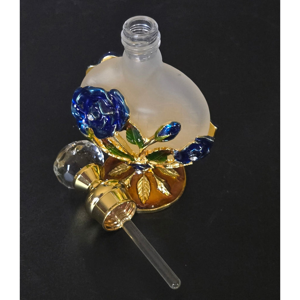 Decorative Gold & Blue Enameled Perfume Bottle With Glass Stopper