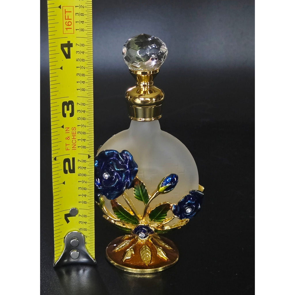 Decorative Gold & Blue Enameled Perfume Bottle With Glass Stopper