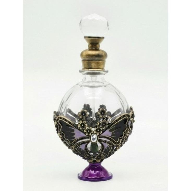 Vintage Glass Butterfly Glass Ormolu Perfume Bottle With Crystal Accents & Bronze Details