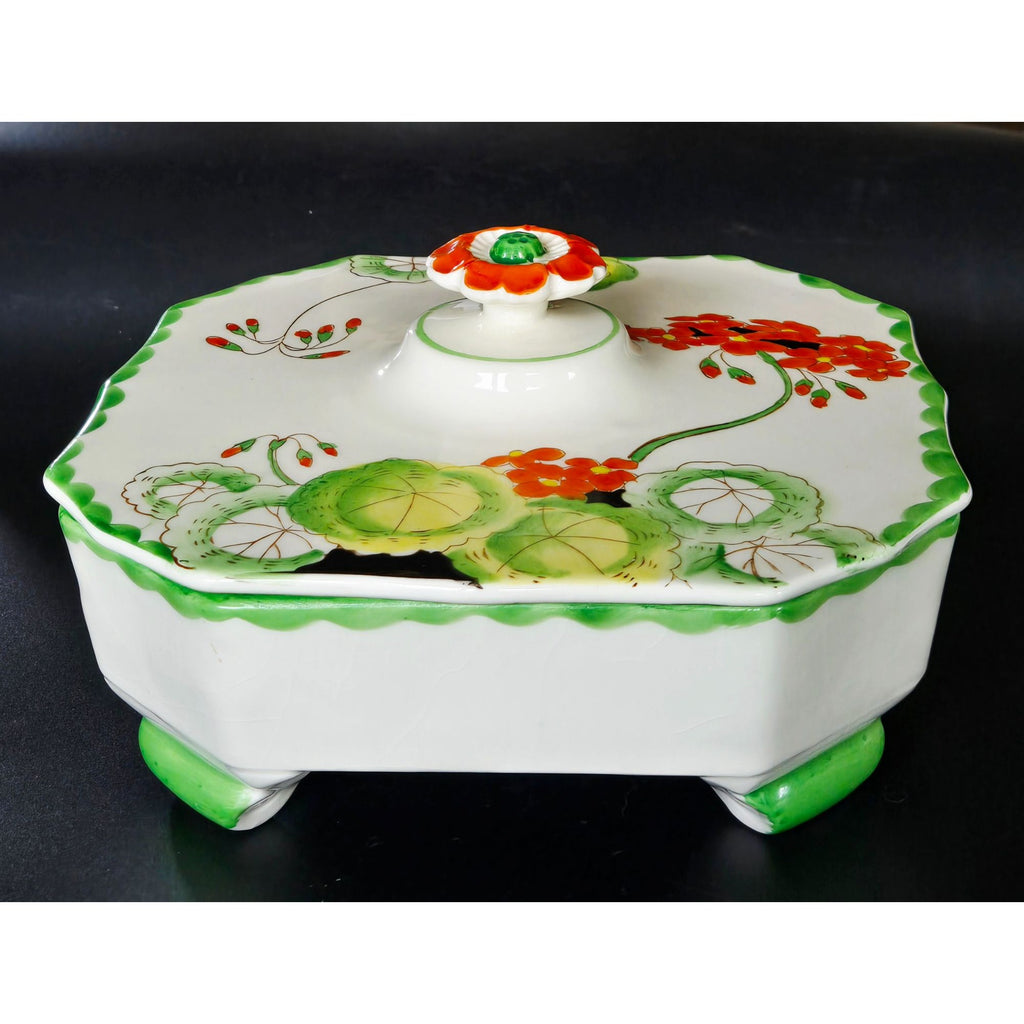Hand-Painted Ceramic Divided Dish With Floral Lid Green & Orange Accents Octagonal Shape Footed Design