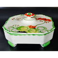 Hand-Painted Ceramic Divided Dish With Floral Lid Green & Orange Accents Octagonal Shape Footed Design