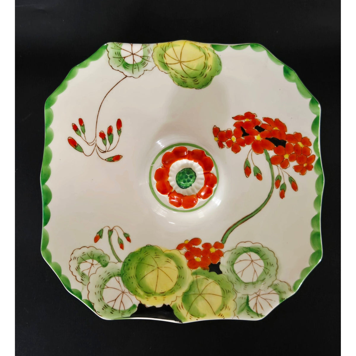 Hand-Painted Ceramic Divided Dish With Floral Lid Green & Orange Accents Octagonal Shape Footed Design