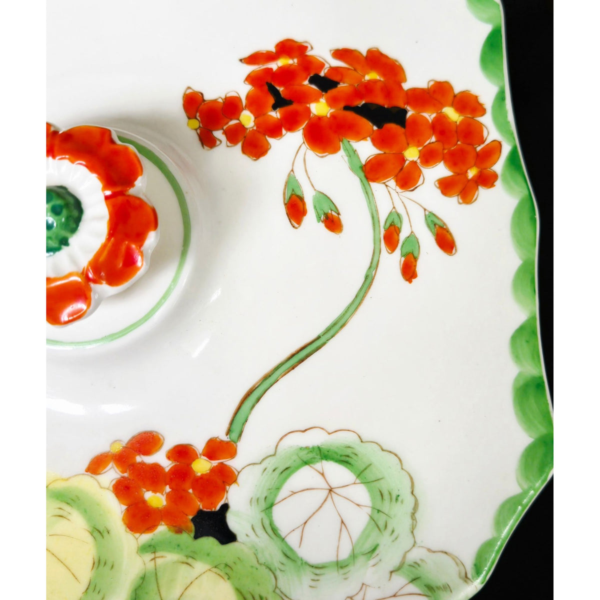 Hand-Painted Ceramic Divided Dish With Floral Lid Green & Orange Accents Octagonal Shape Footed Design