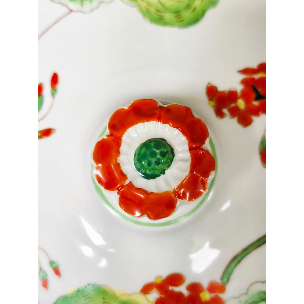 Hand-Painted Ceramic Divided Dish With Floral Lid Green & Orange Accents Octagonal Shape Footed Design