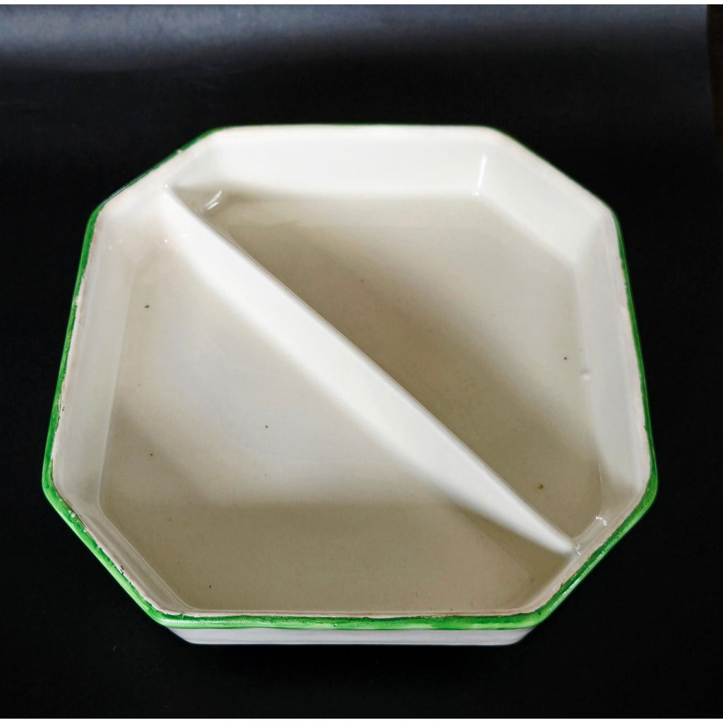Hand-Painted Ceramic Divided Dish With Floral Lid Green & Orange Accents Octagonal Shape Footed Design