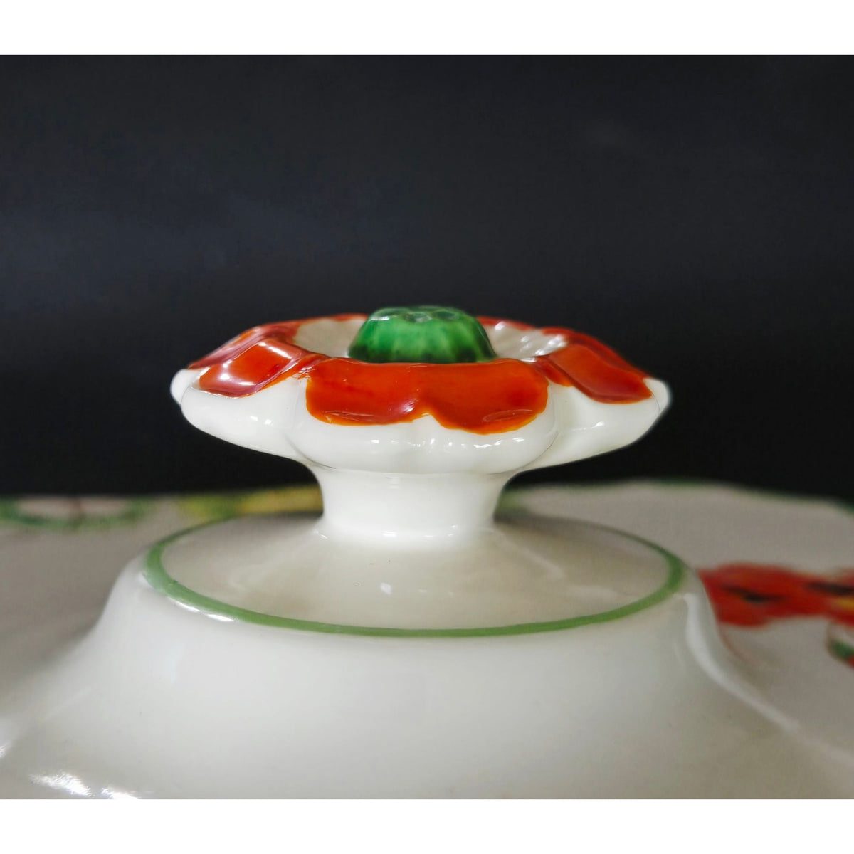 Hand-Painted Ceramic Divided Dish With Floral Lid Green & Orange Accents Octagonal Shape Footed Design