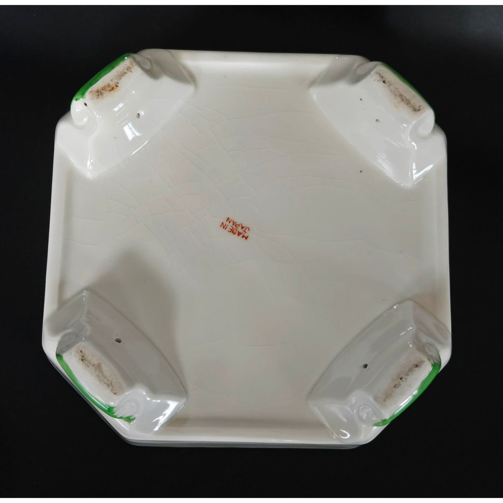 Hand-Painted Ceramic Divided Dish With Floral Lid Green & Orange Accents Octagonal Shape Footed Design