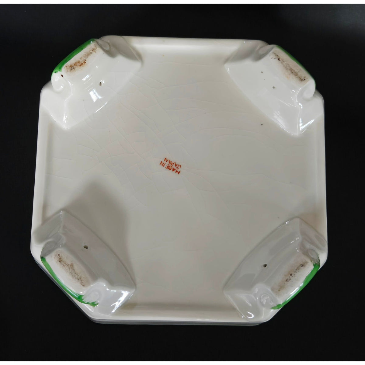 Hand-Painted Ceramic Divided Dish With Floral Lid Green & Orange Accents Octagonal Shape Footed Design