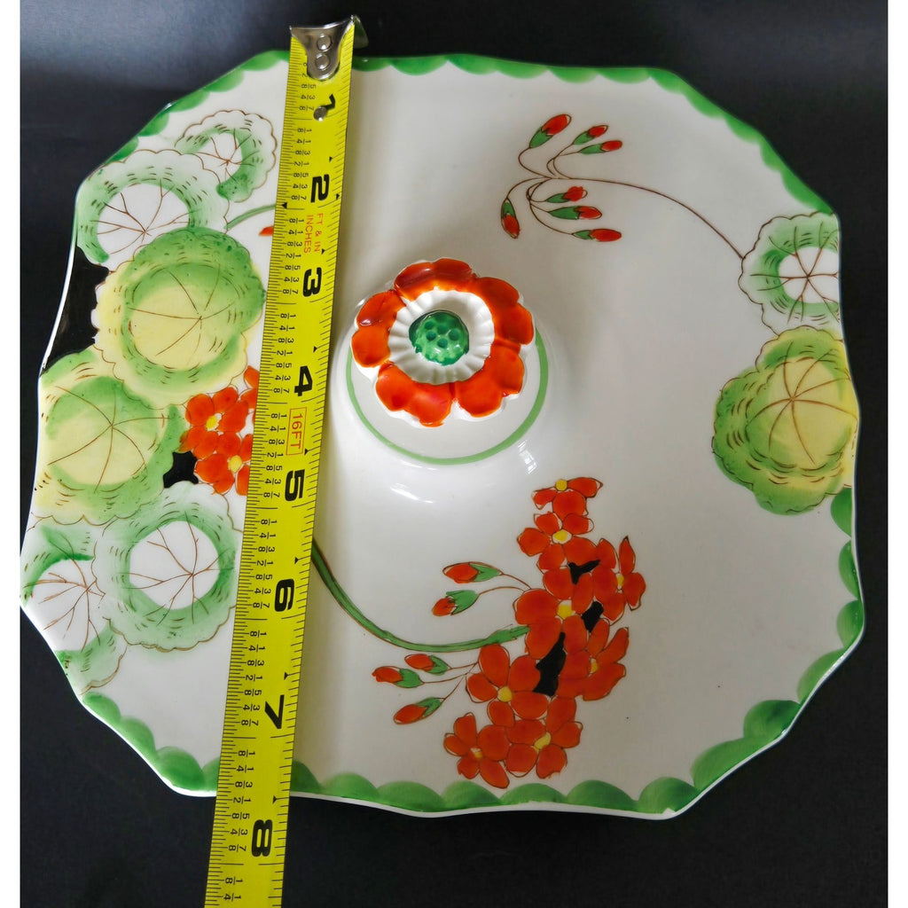 Hand-Painted Ceramic Divided Dish With Floral Lid Green & Orange Accents Octagonal Shape Footed Design