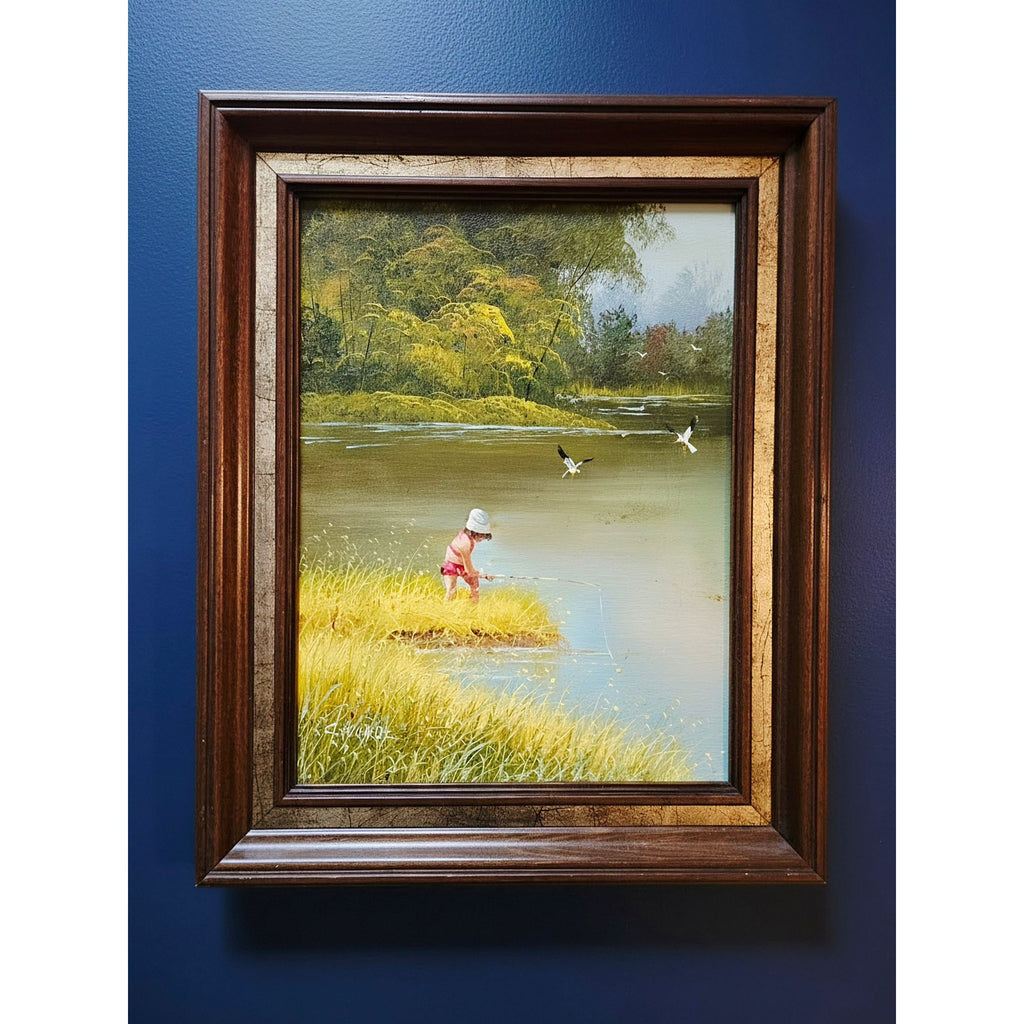 Vintage C. Manuel Oil Painting Small Girl at Waters Edge, Nature, Framed