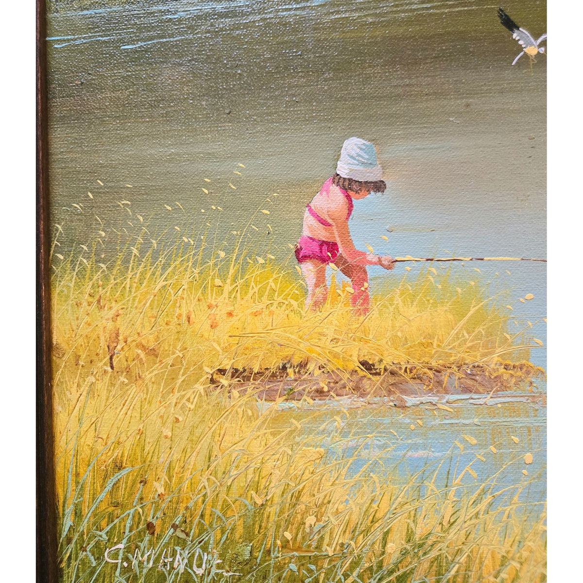 Vintage C. Manuel Oil Painting Small Girl at Waters Edge, Nature, Framed