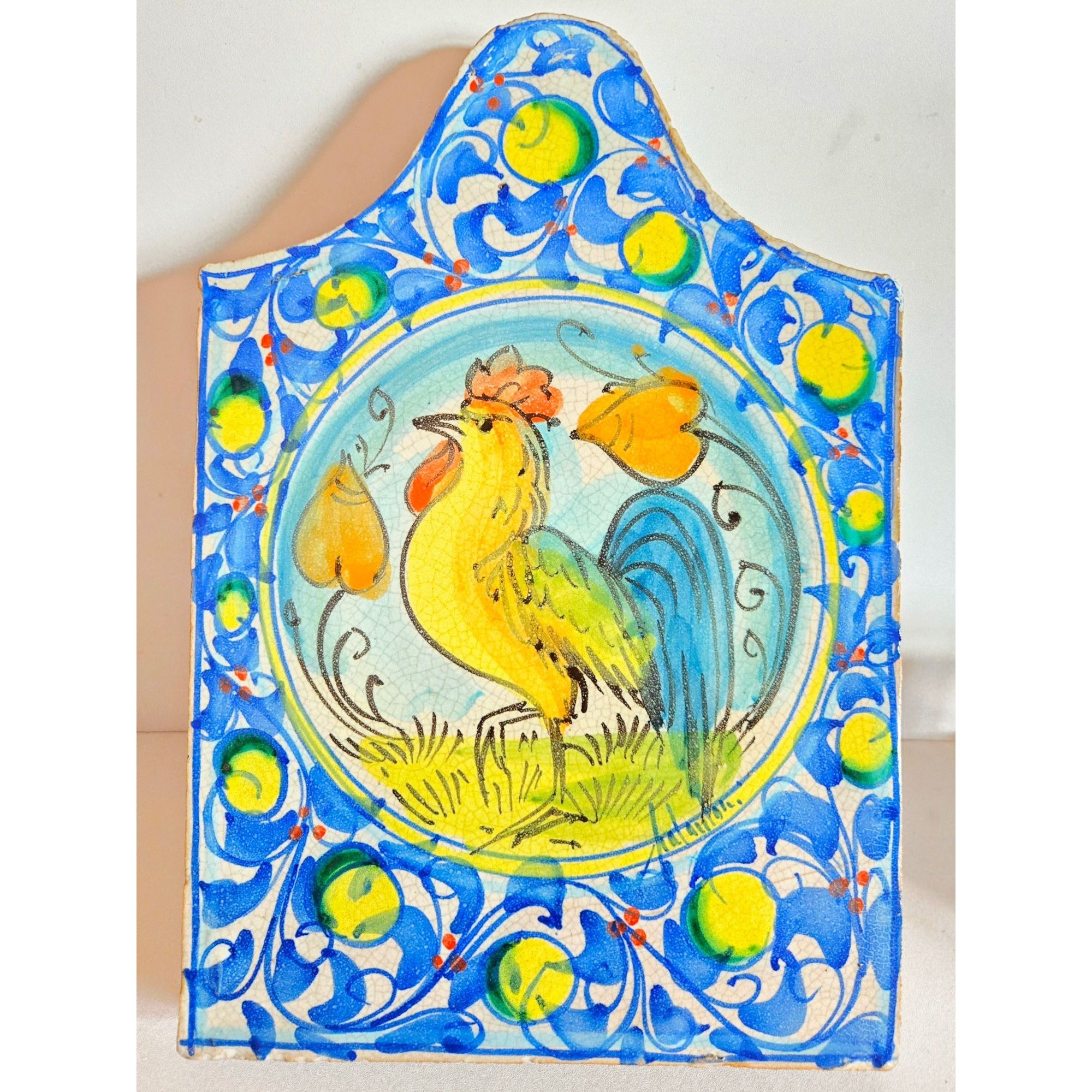 Hand-Painted Frantantoni Stone Wall Plaque With Rooster 12"x8.5" Rustic Italian Style