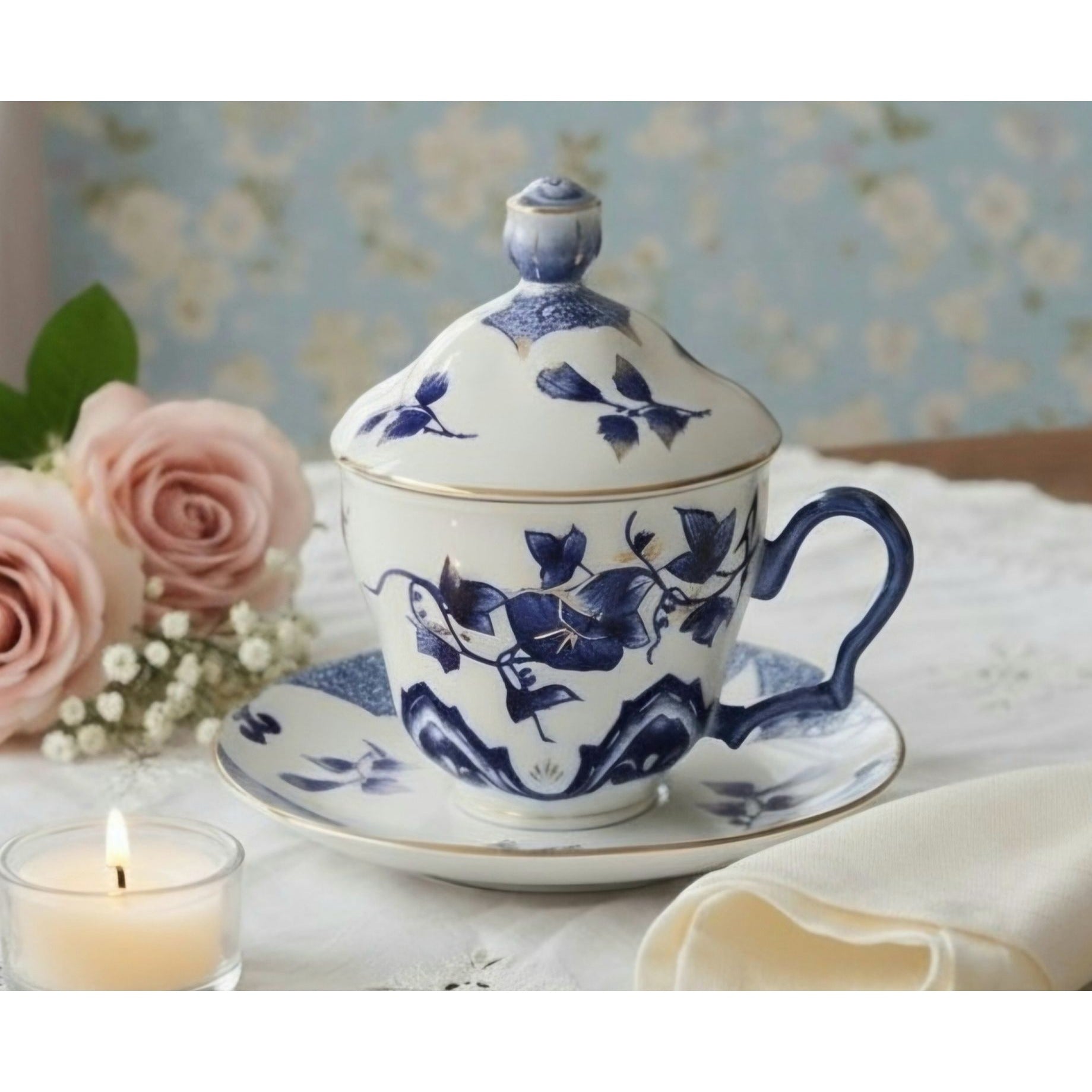 Bombay co. Teacup Saucer and Lid Blue & White Gold Trim Blue Rose Finial RARE set