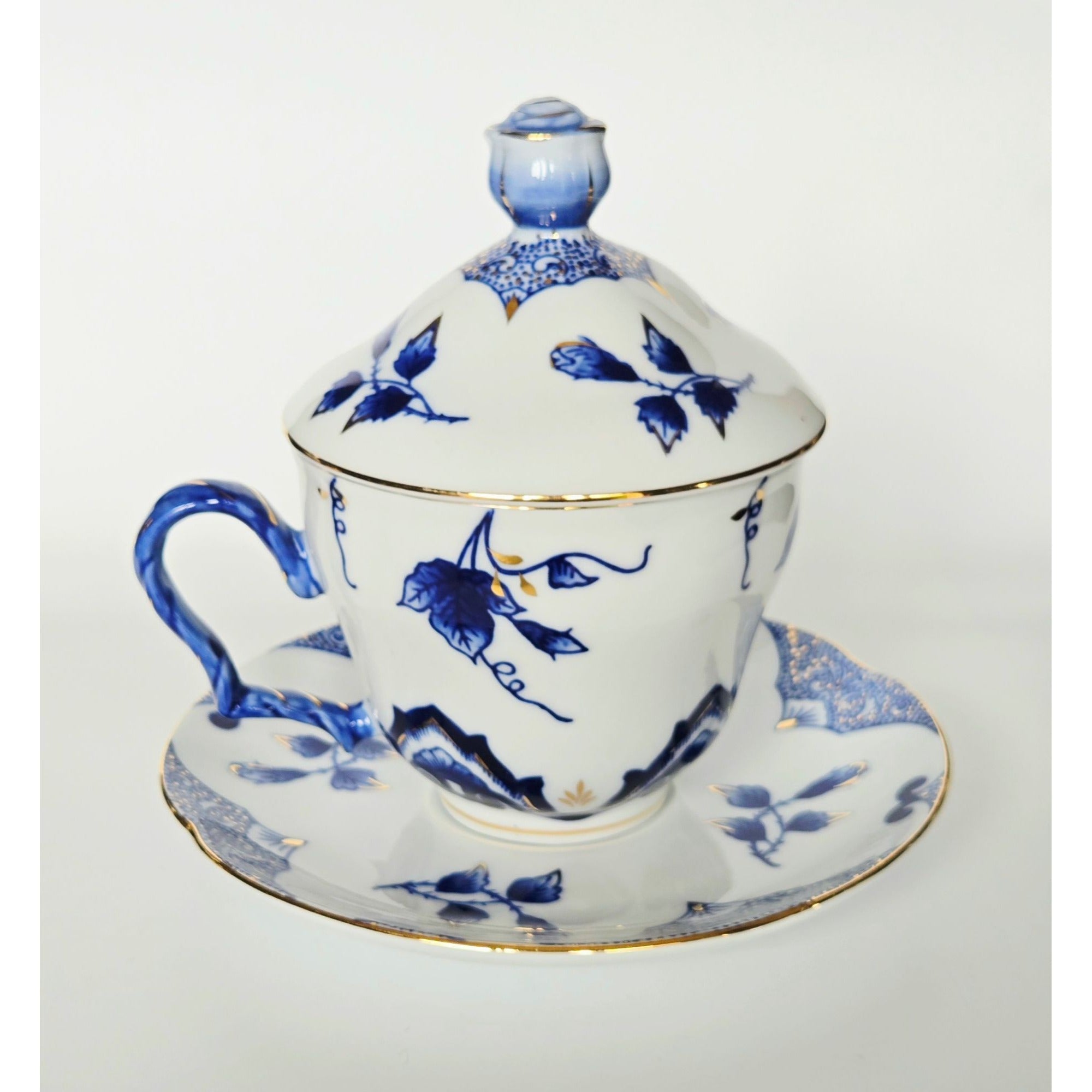 Bombay co. Teacup Saucer and Lid Blue & White Gold Trim Blue Rose Finial RARE set