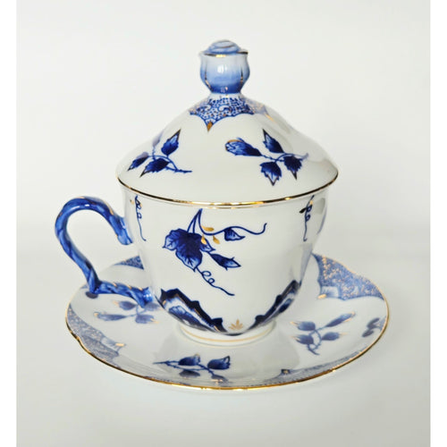 Bombay co. Teacup Saucer and Lid Blue & White Gold Trim Blue Rose Finial RARE set