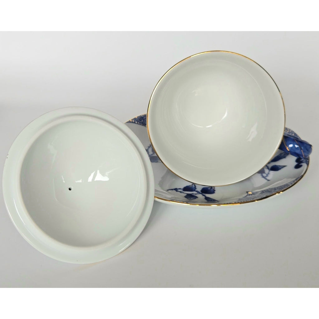 Bombay co. Teacup Saucer and Lid Blue & White Gold Trim Blue Rose Finial RARE set