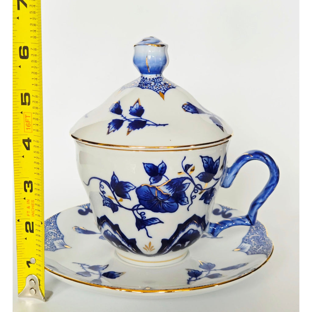 Bombay co. Teacup Saucer and Lid Blue & White Gold Trim Blue Rose Finial RARE set