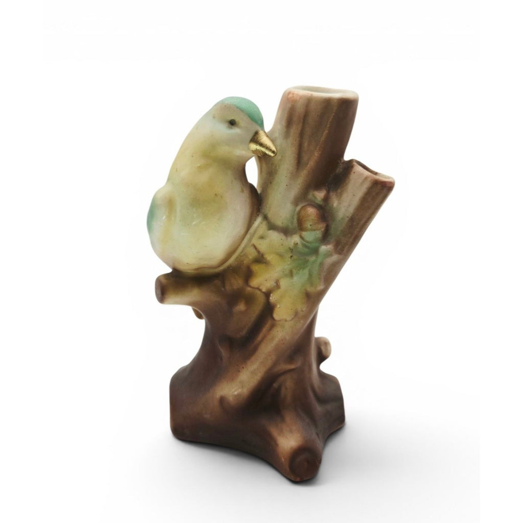 Vintage Ceramic Bird Figurine Vase 3 hole On Tree Stump Hand-Painted