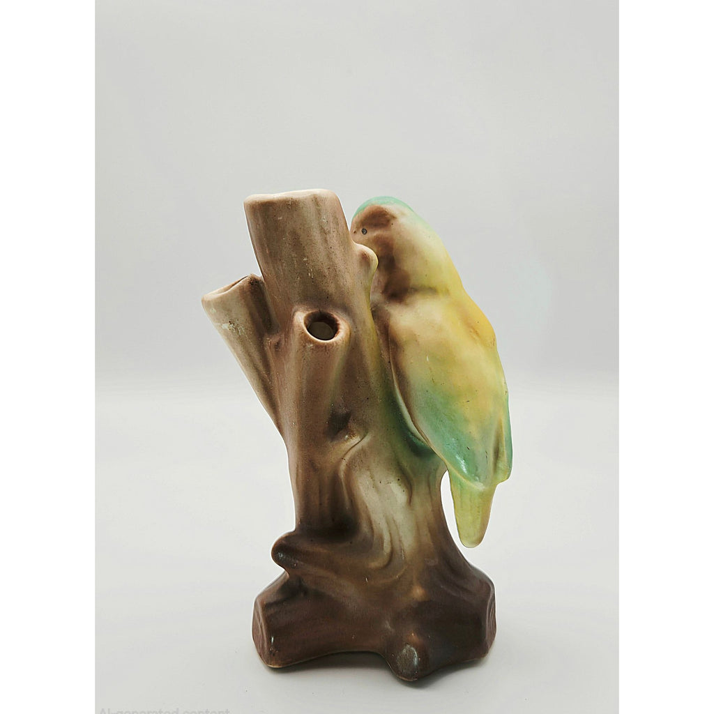 Vintage Ceramic Bird Figurine Vase 3 hole On Tree Stump Hand-Painted