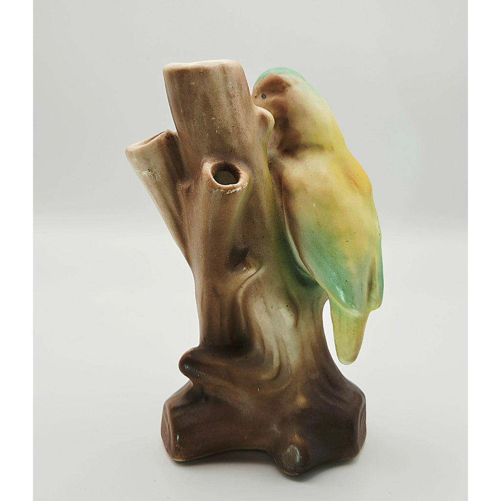 Vintage Ceramic Bird Figurine Vase 3 hole On Tree Stump Hand-Painted