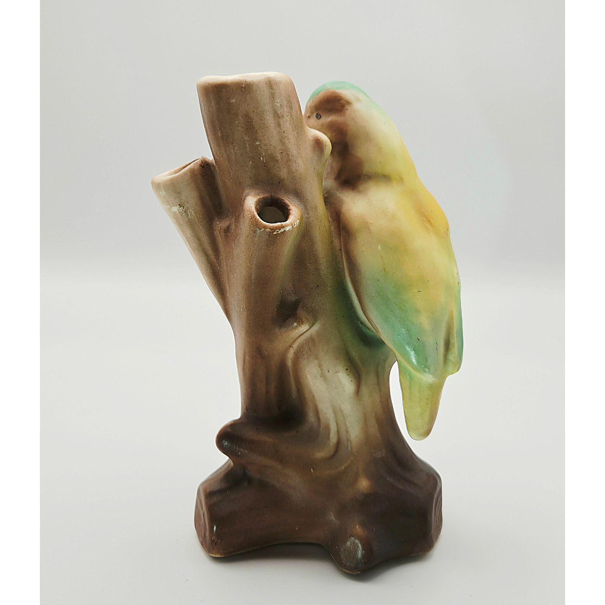 Vintage Ceramic Bird Figurine Vase 3 hole On Tree Stump Hand-Painted