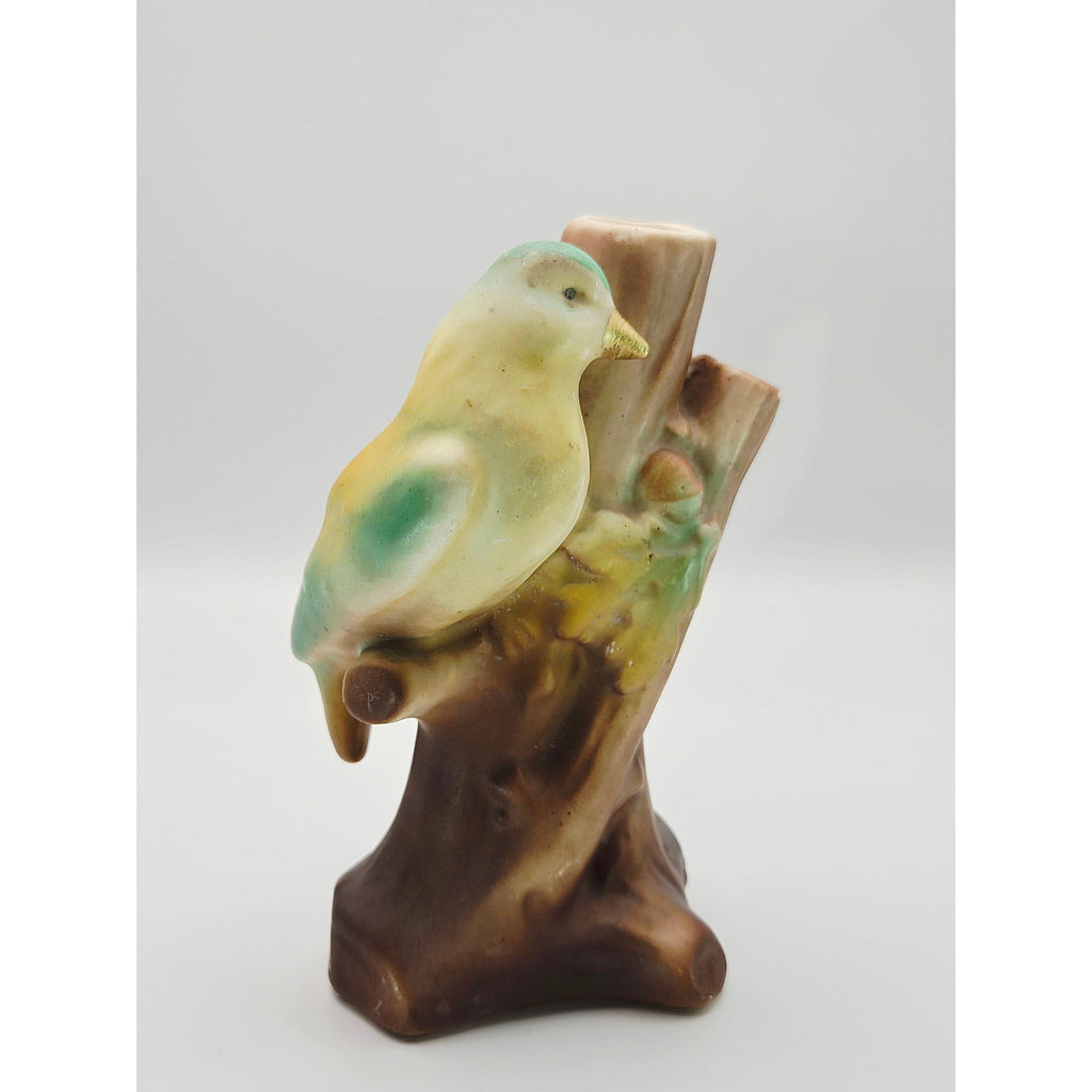Vintage Ceramic Bird Figurine Vase 3 hole On Tree Stump Hand-Painted